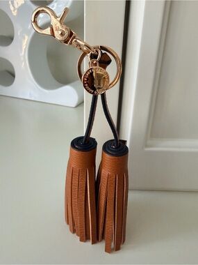 POPPY & PEONIES Leather Brown Double Tassel Bag Purse Charm Gold Hardware